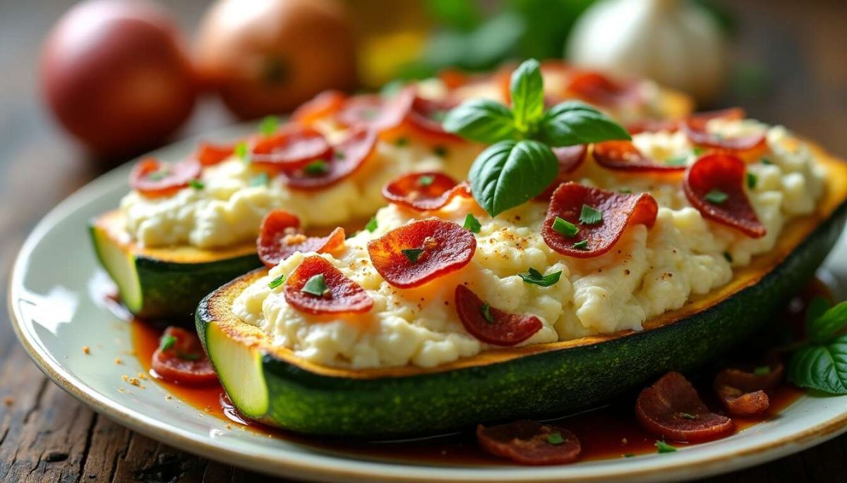Une touche de finesse avec des courgettes farcies à la ricotta et aux lardons