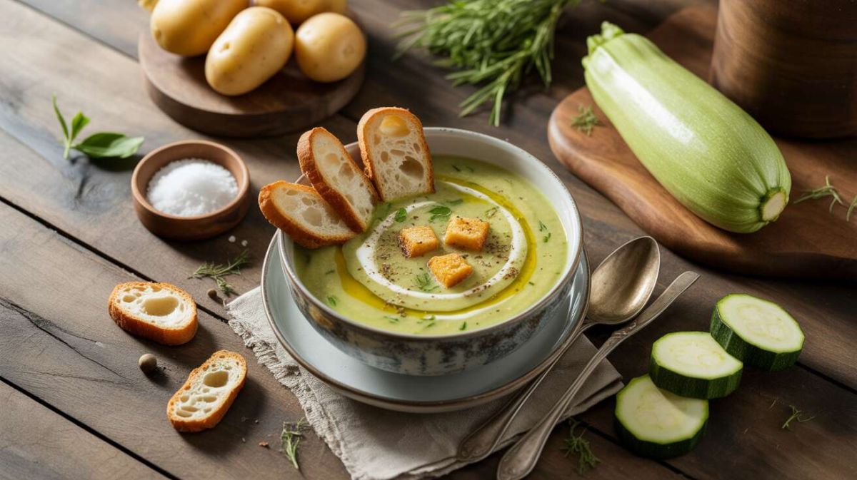 Un velouté de courgettes aux croûtons de fromage frais qui réchauffe le cœur
