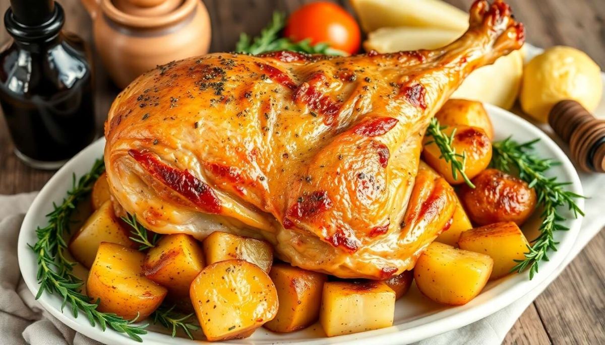 Savoureuse cuisse de dinde rôtie et ses pommes de terre dorées