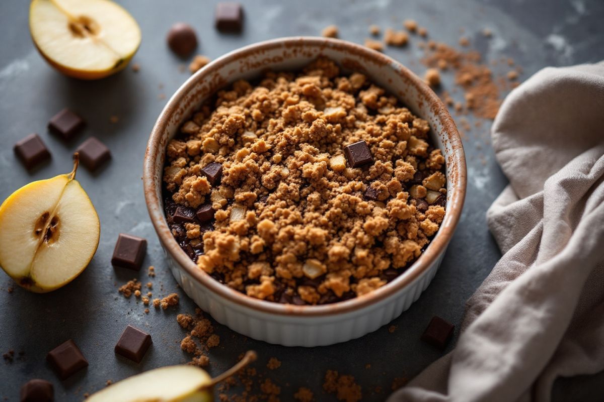 Découvrez le crumble poire-chocolat de Cyril Lignac en un temps record