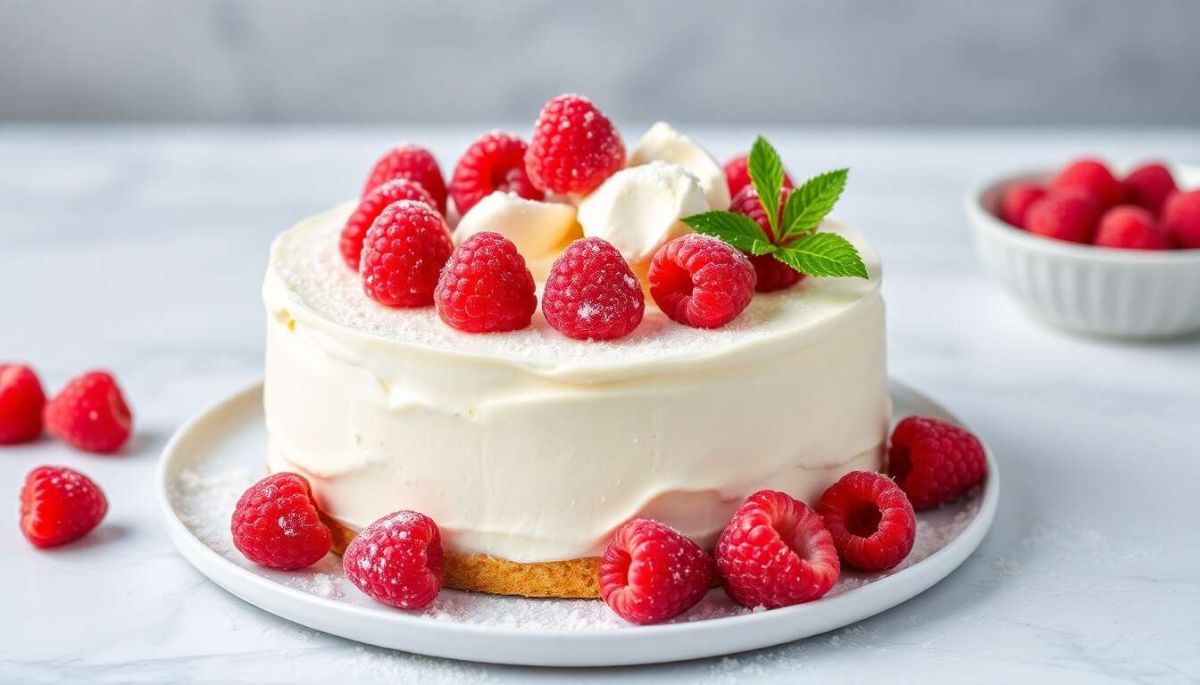 Gâteau mousse mascarpone, framboises et biscuits roses de Reims