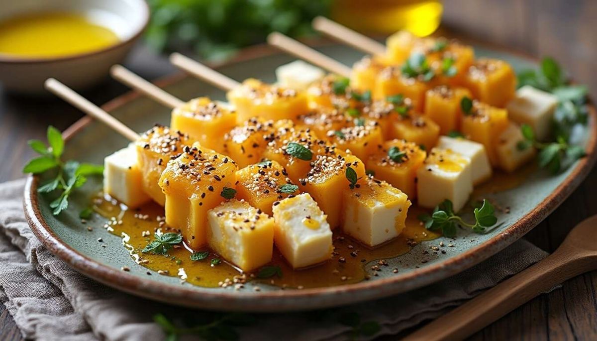 Un plateau de fraicheur éblouissant et des brochettes de fromage savoureuses