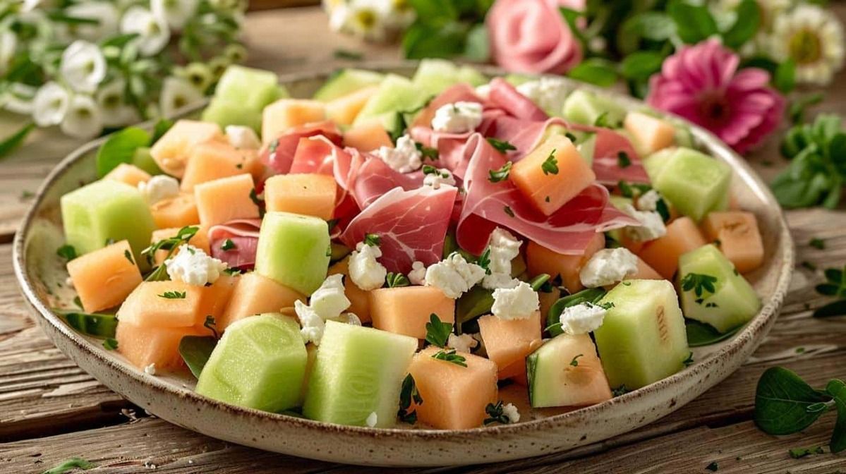 Une salade estivale qui met les papilles en émoi : melon, feta et jambon